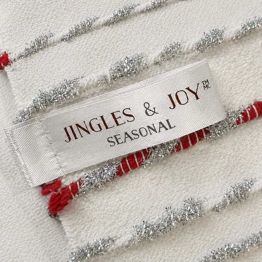 Christmas Runner Rug Ivory Red Silver Metallic Striped Woven Cotton Fringe Home